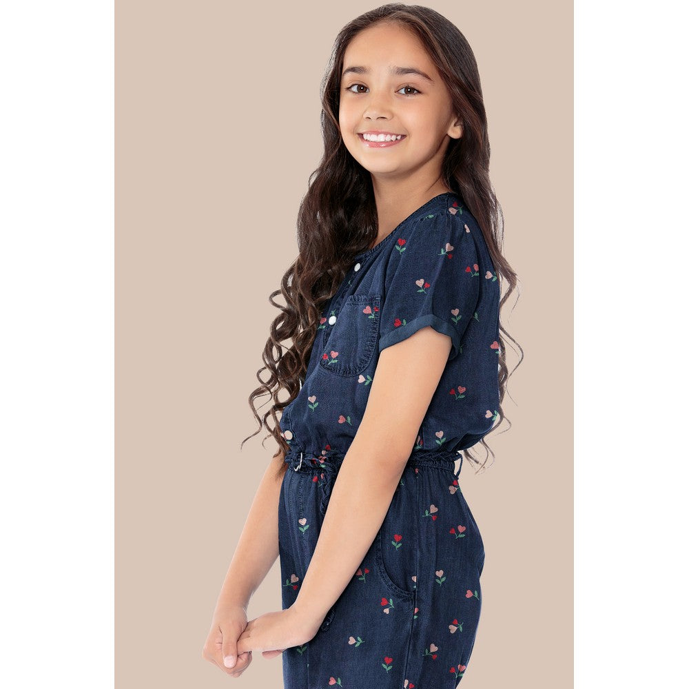 Chambray bomull Stoff med blomster hjerter lys blå