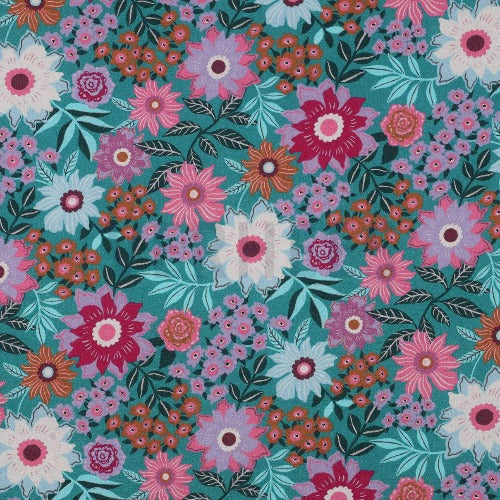 Bomull Poplin - Blomster Maya teal