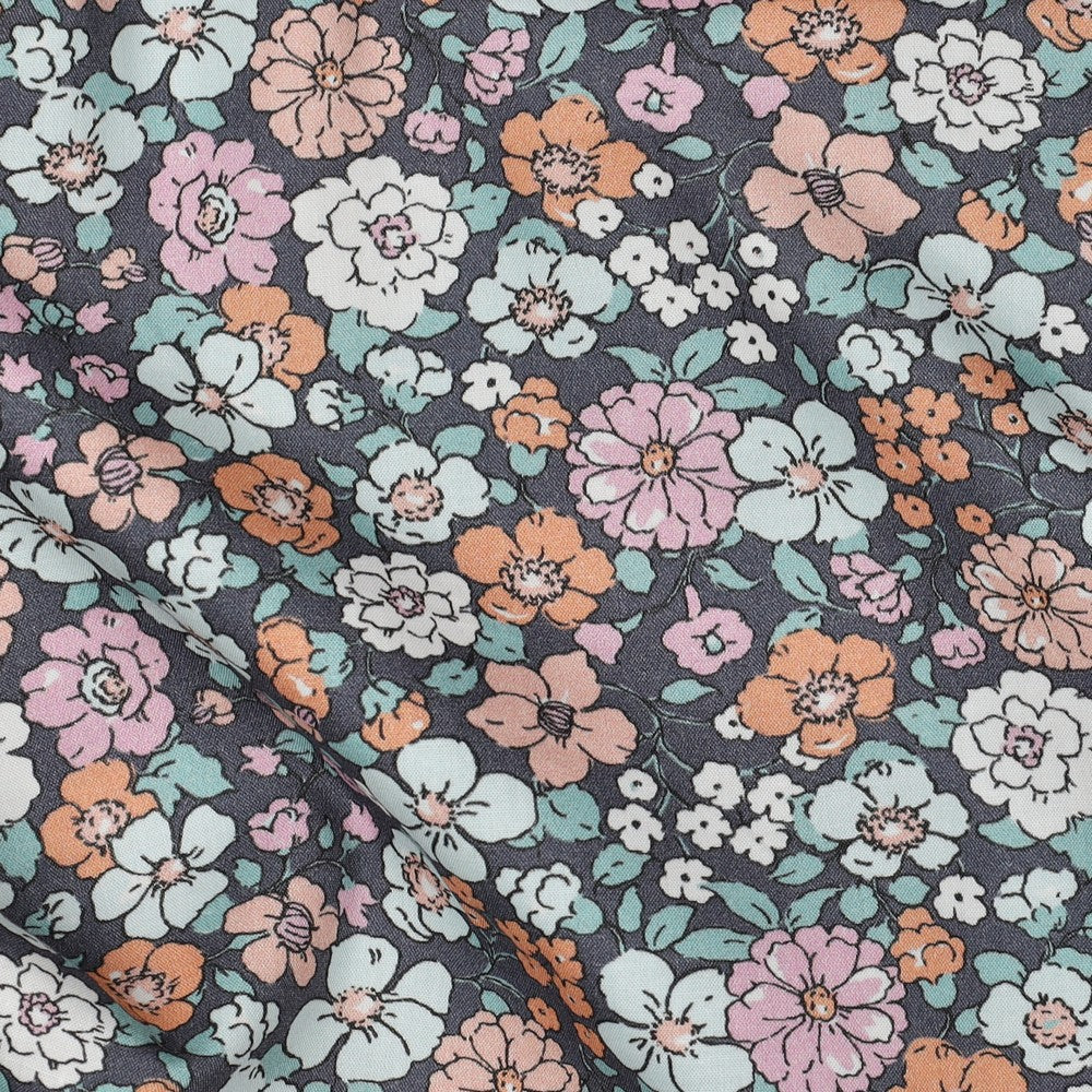 Poplin Bomull - Retro blomster, Mørk Blå