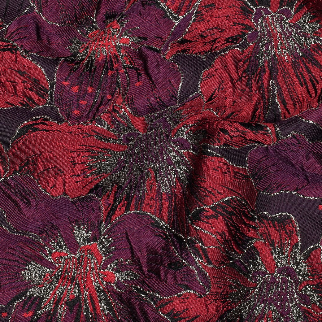 Jacquard / Brokade - Blomster, plomme rød