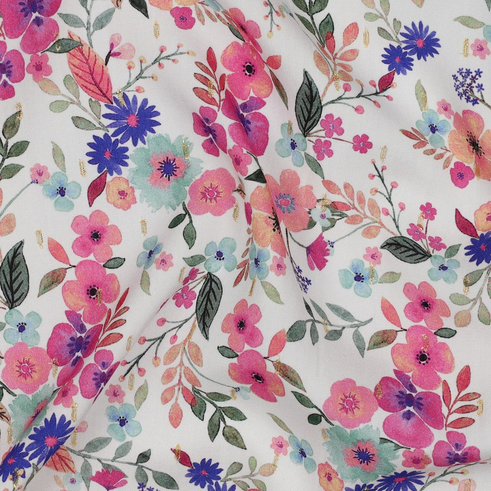 Vevd Viskose - Pastel Blomster Lurex, Hvit