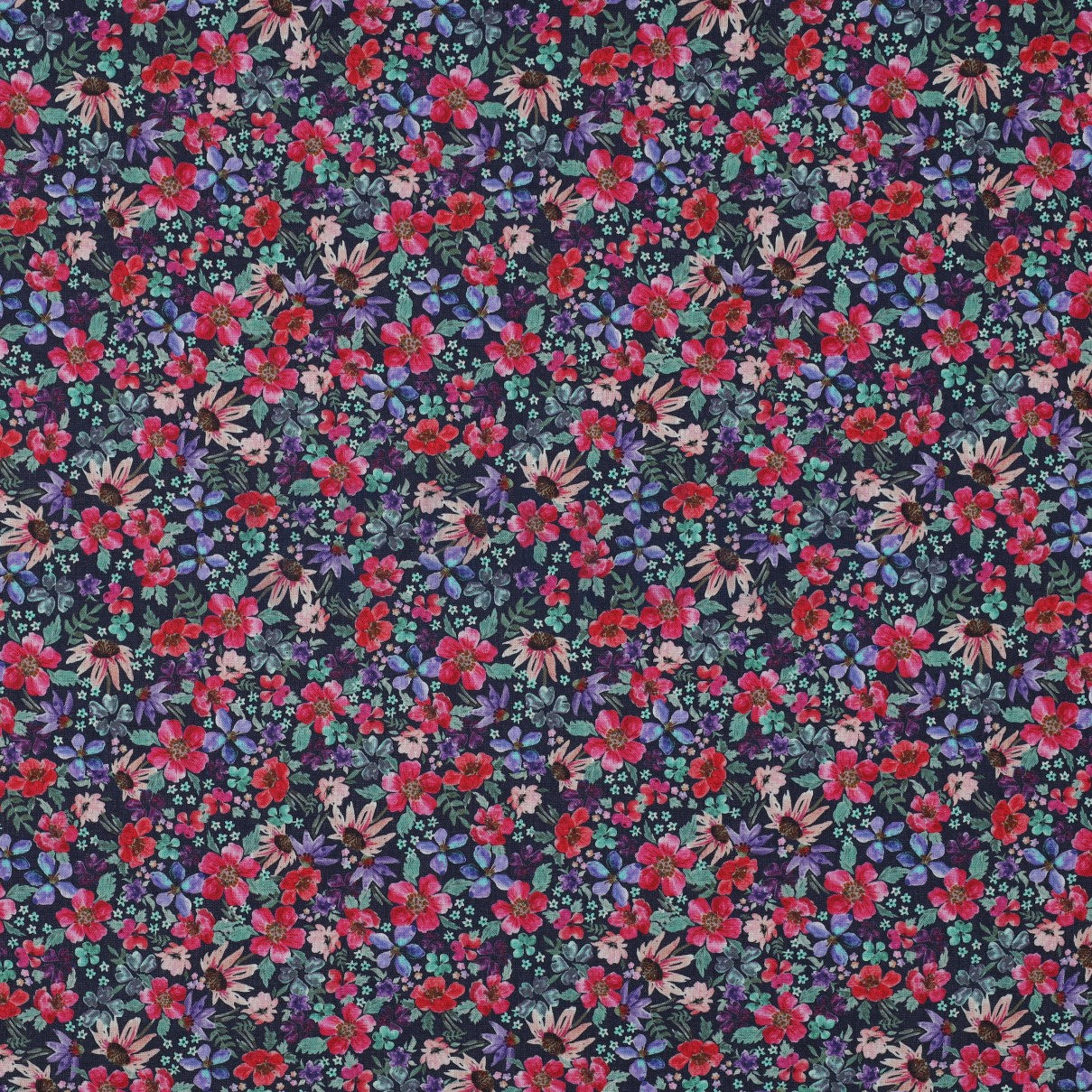 Bomull Poplin - Markblomster, Marineblå