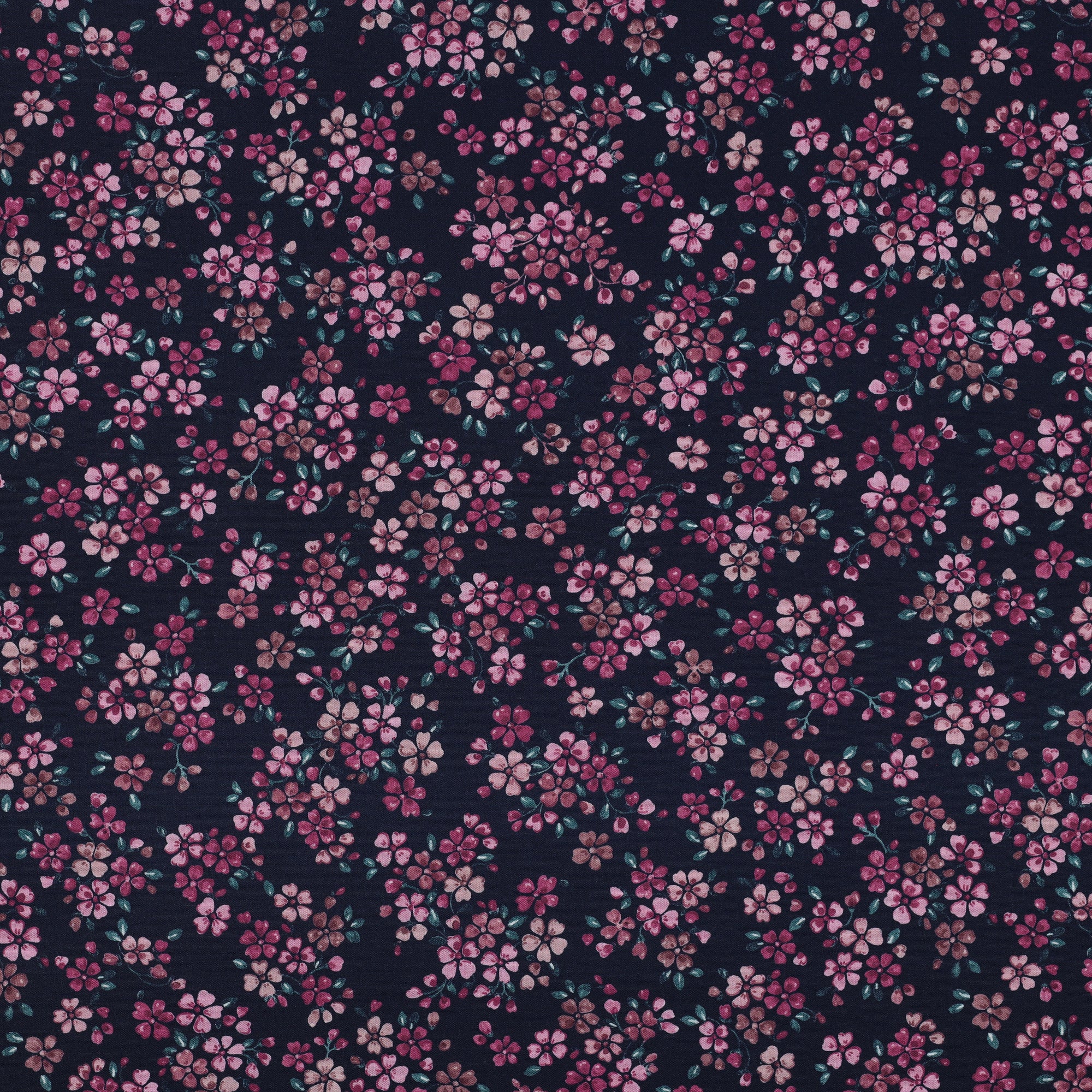 Poplin Bomull - blomster, Mørk Blå