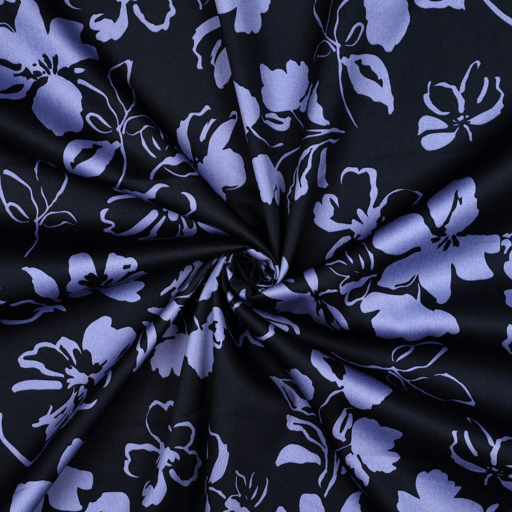 Sateng Bomull - Blomster, Mørk Blå
