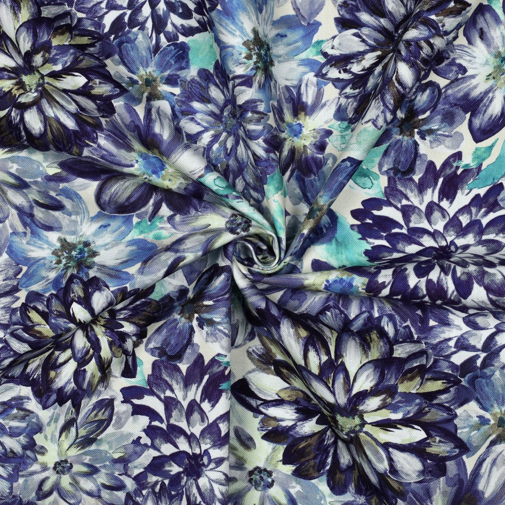 Kanvas bomull Linen look - Stor Blomster blå