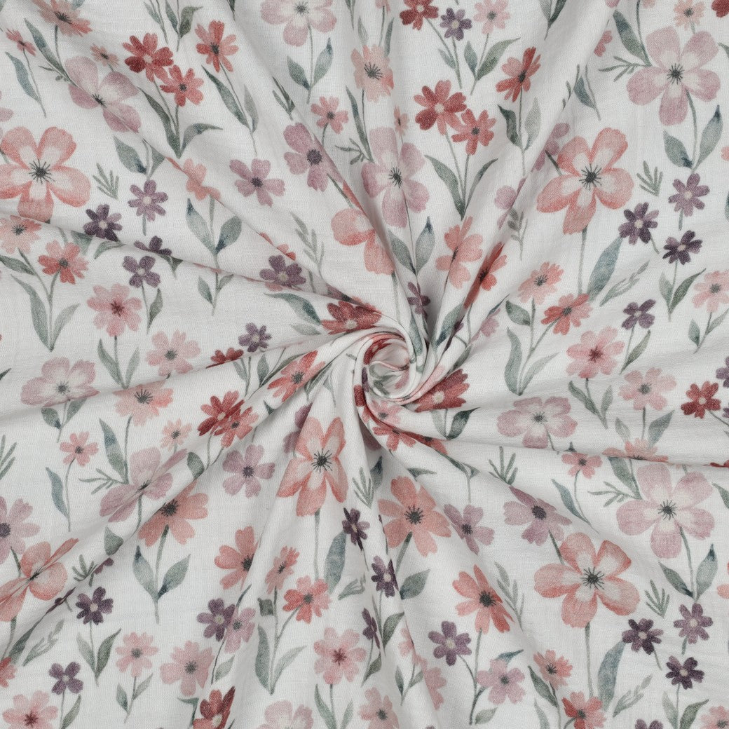 Musselin - Digital Blomster hvit