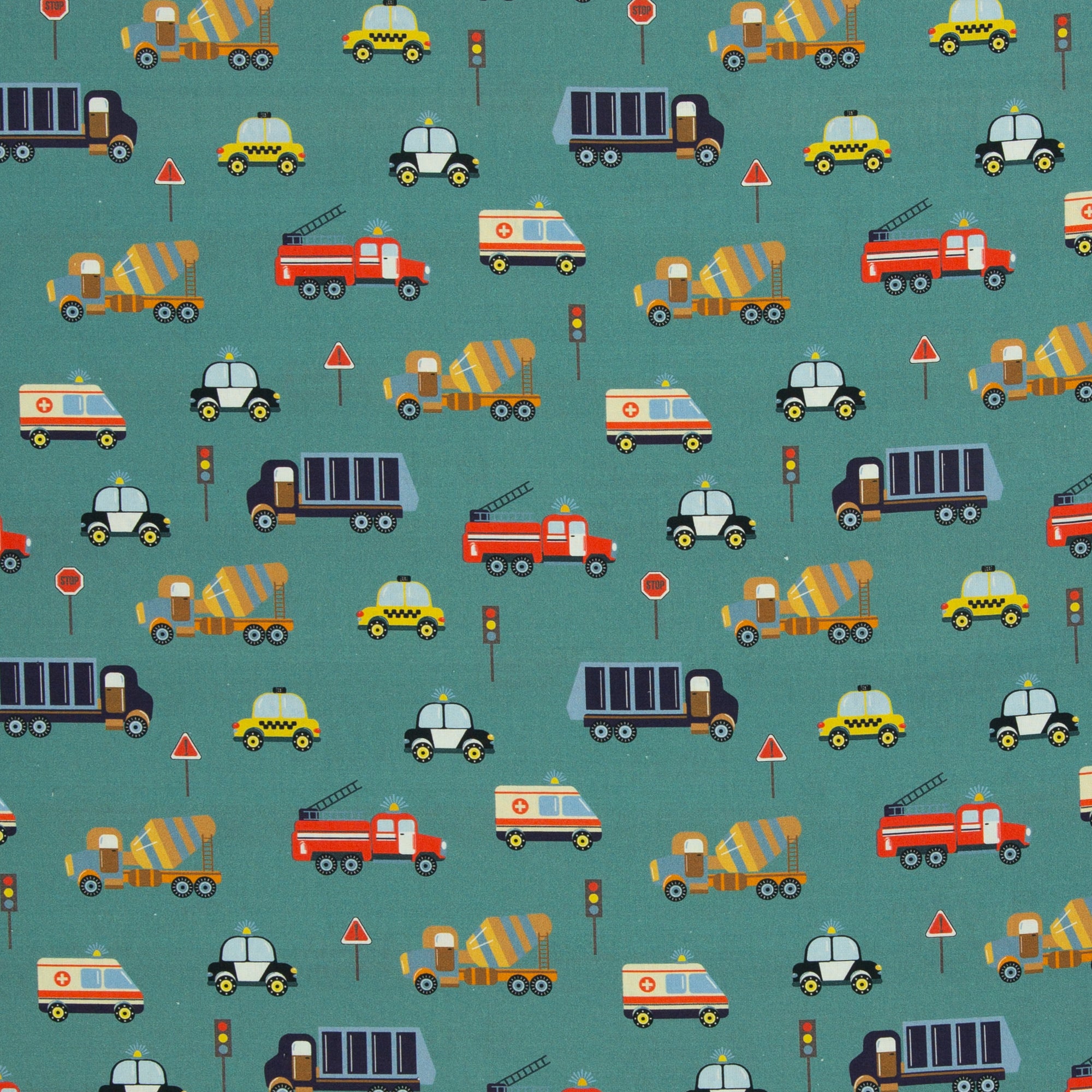 Poplin Bomull - Biler, Lys Petrol