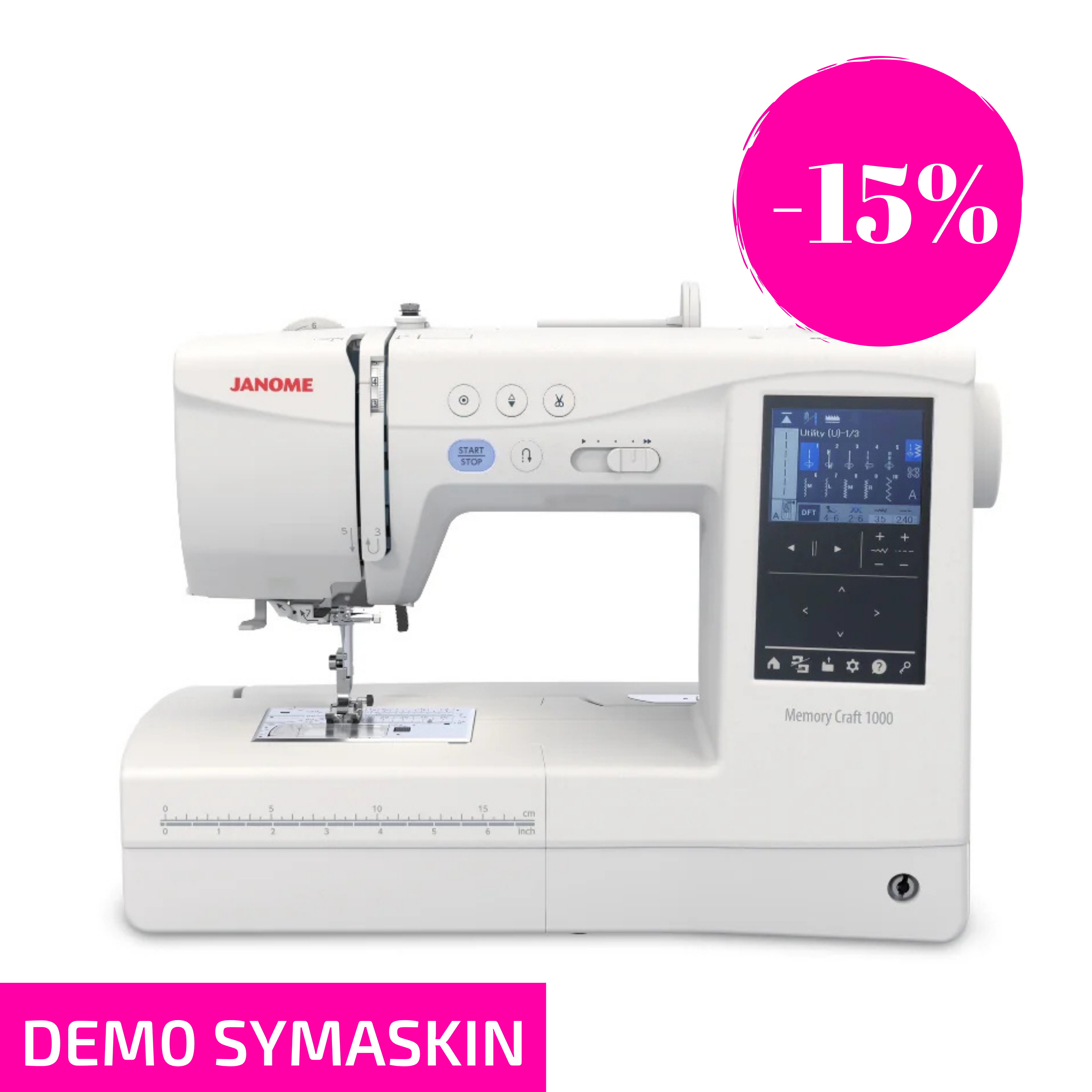 TILBUD Utstillingsmodell - Janome Memory Craft 1000 Silky White Sy og Broderimaskin