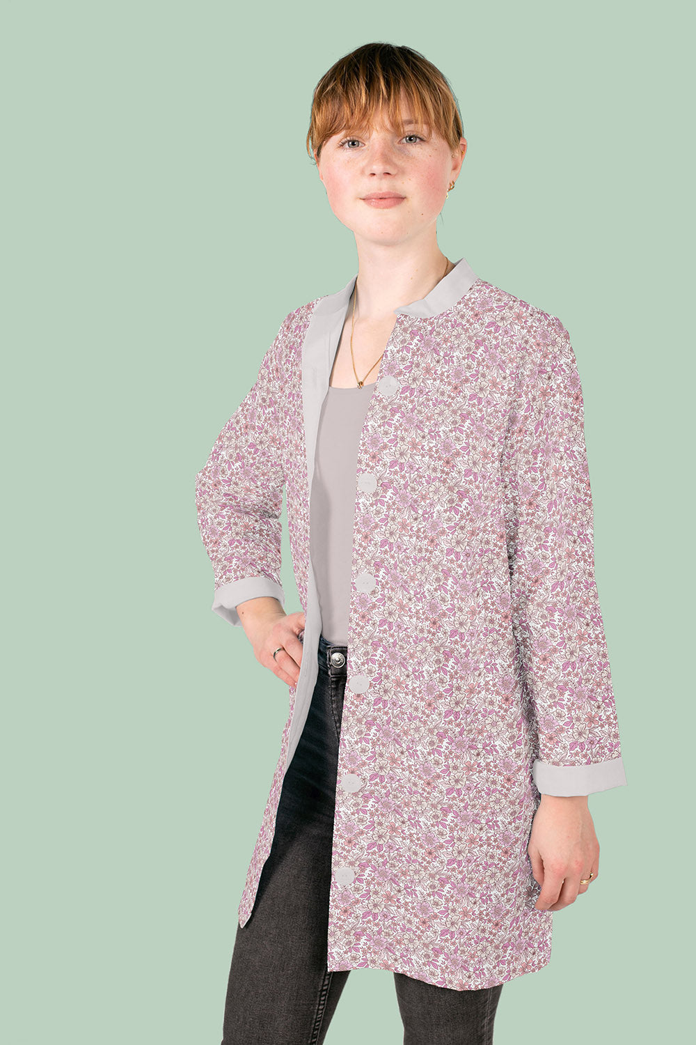 Poplin Bomull - Roses Line blomster, Offwhite og Rosa