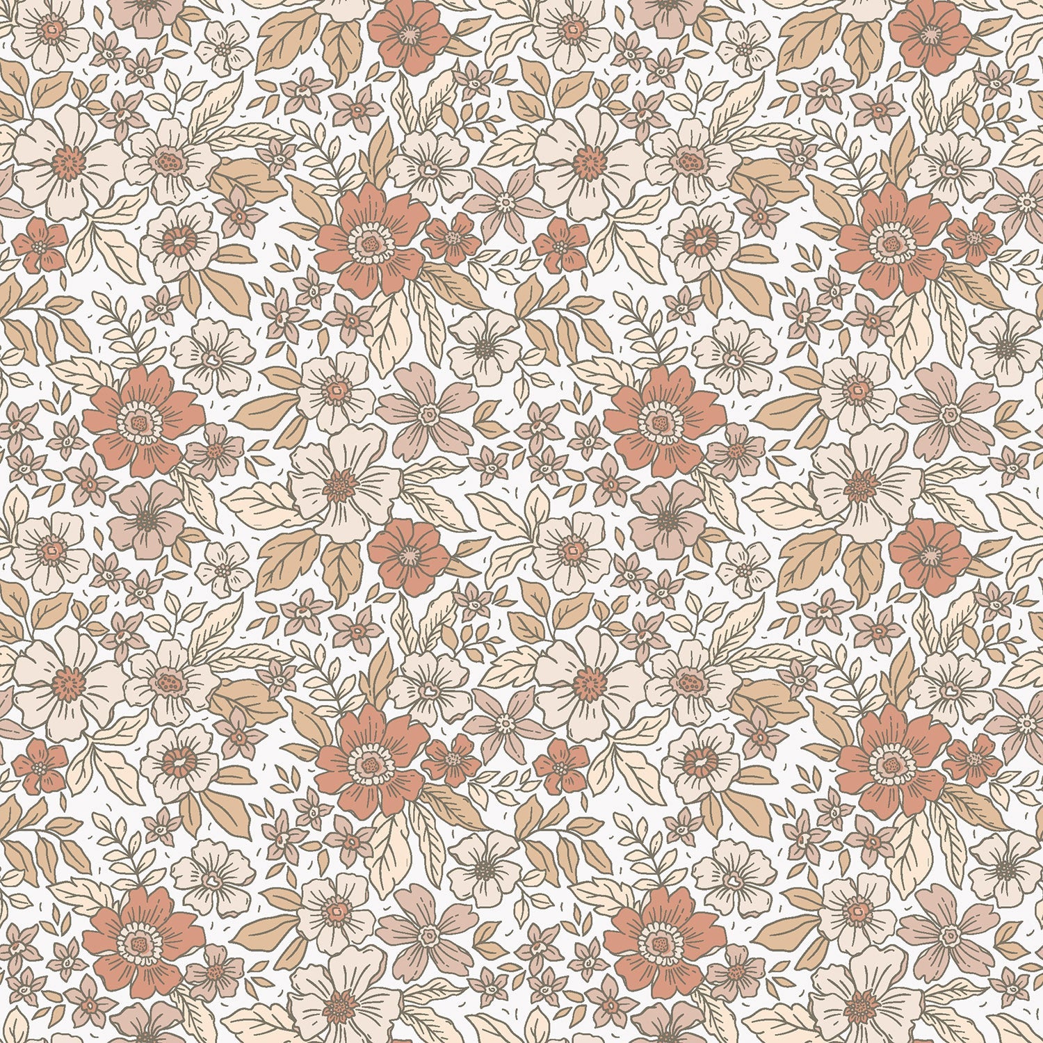 Poplin Bomull - Roses Line blomster, Beige