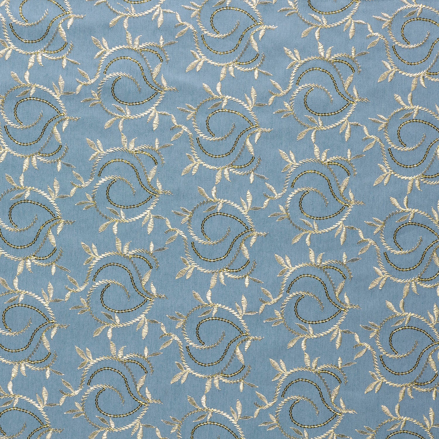 Denim Jacquard - Broderi gull blad lys blå