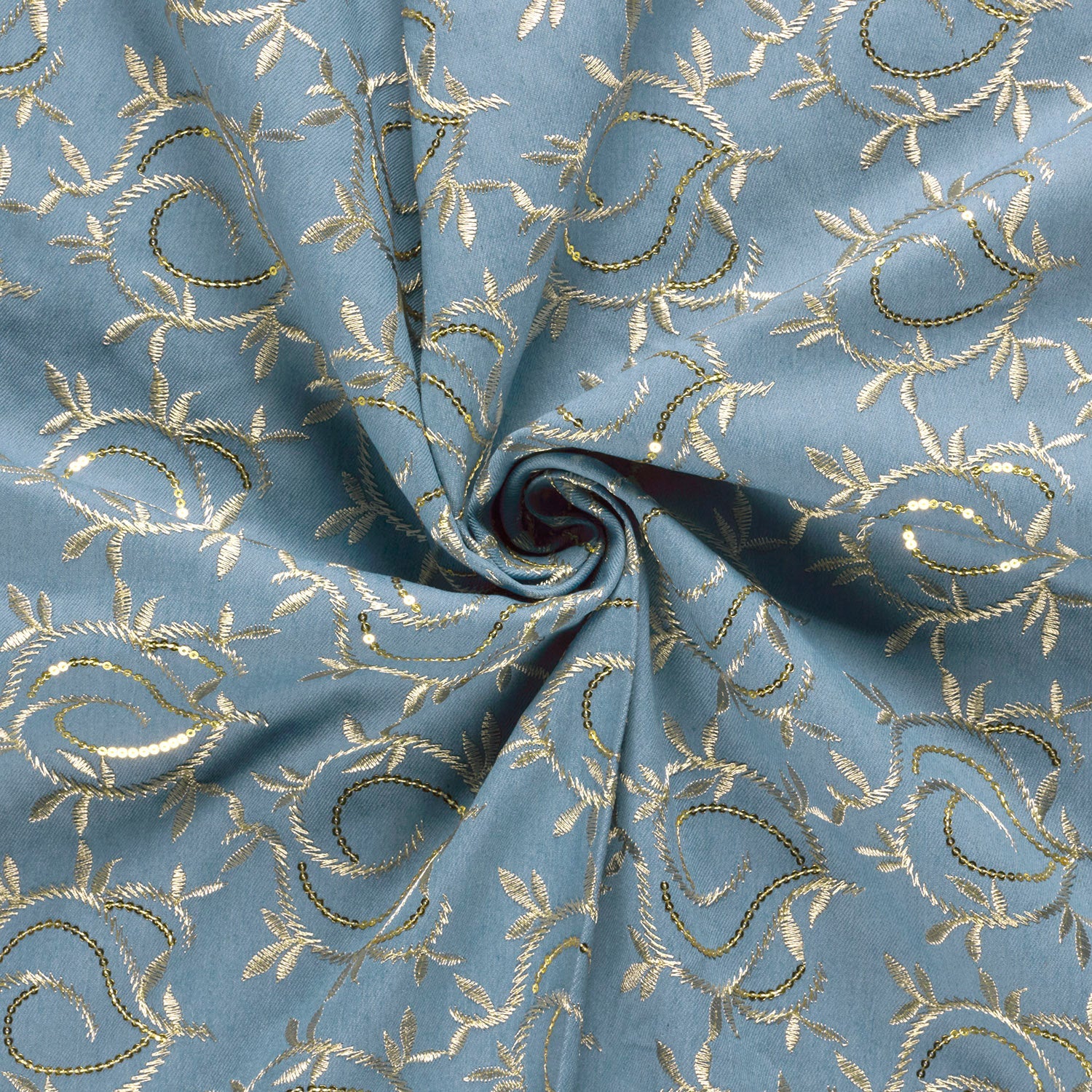 Denim Jacquard - Broderi gull blad lys blå