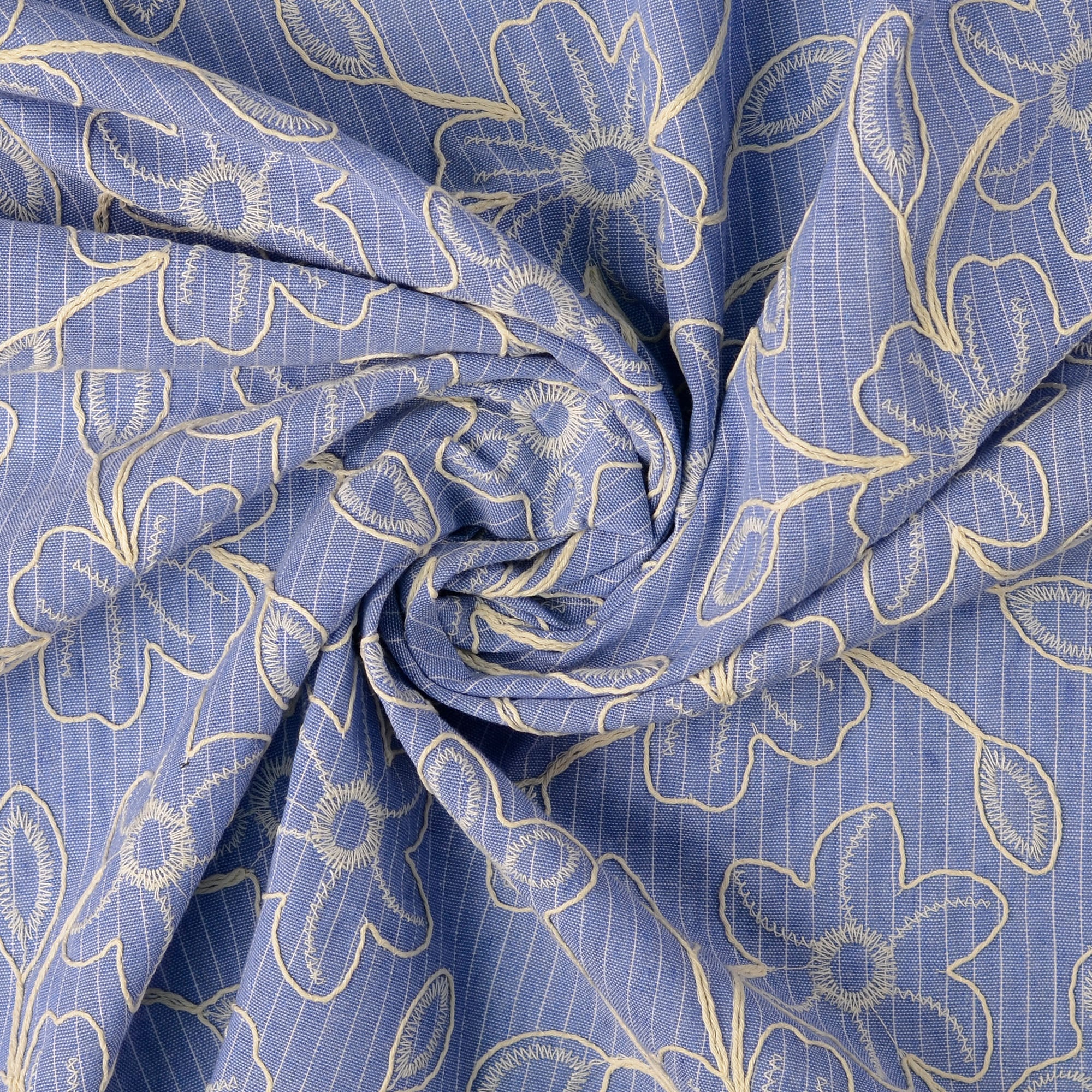 Poplin -  Agnes Blomster denim blå med Broderi