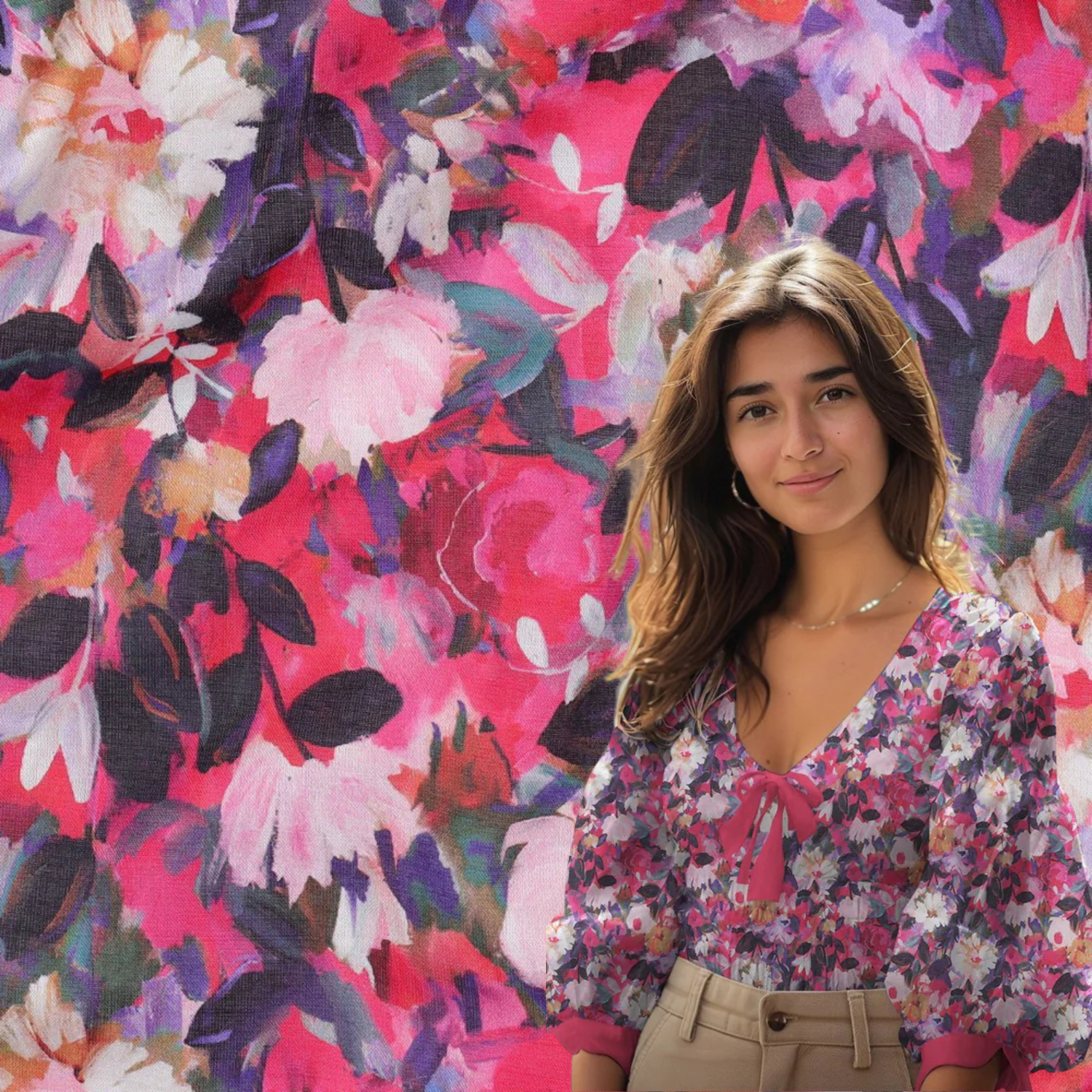 Bomull Voile - Digital Blomster, Fuchsia