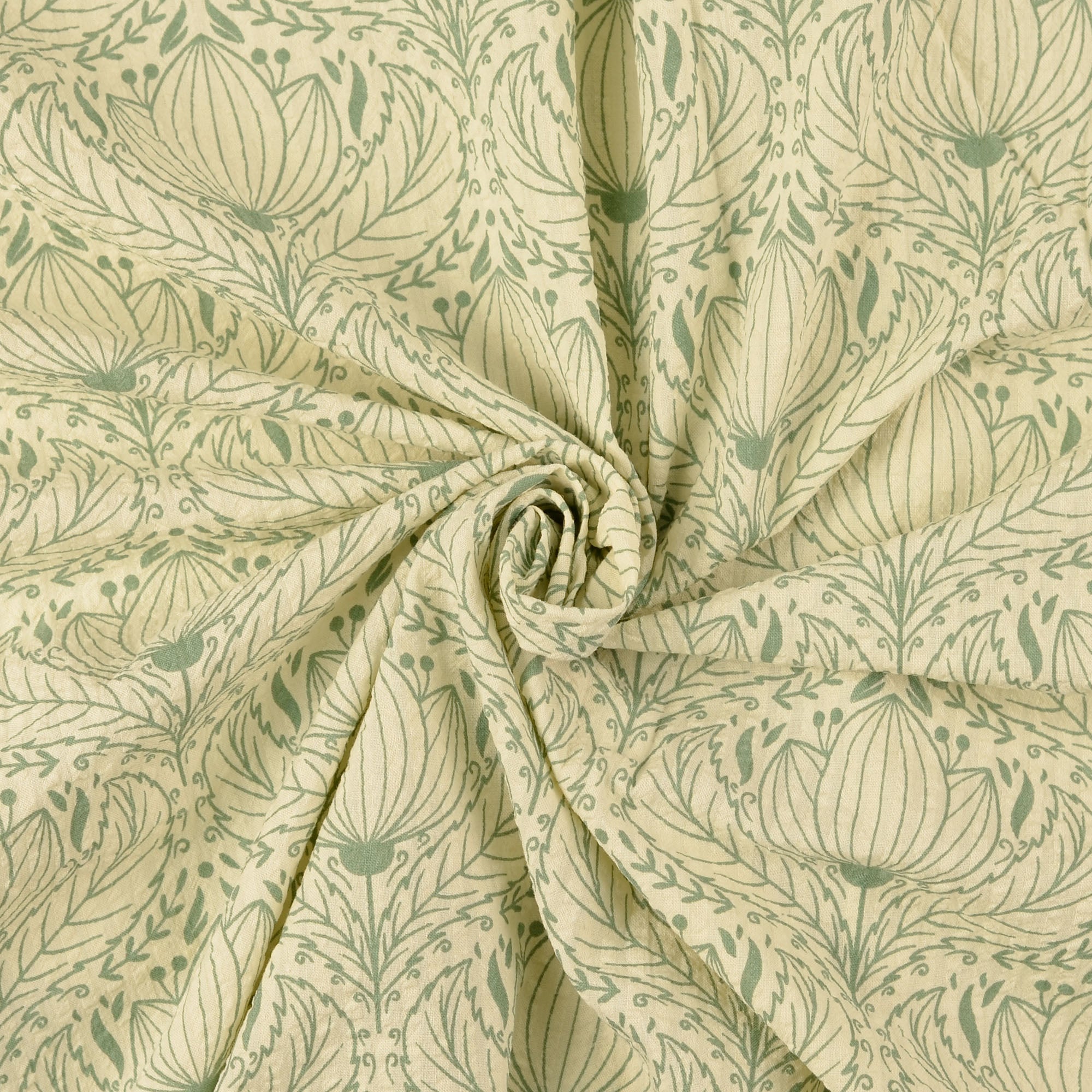 Beklednings Bomull - Vintage Seersucker - blomster - Beige og grønn