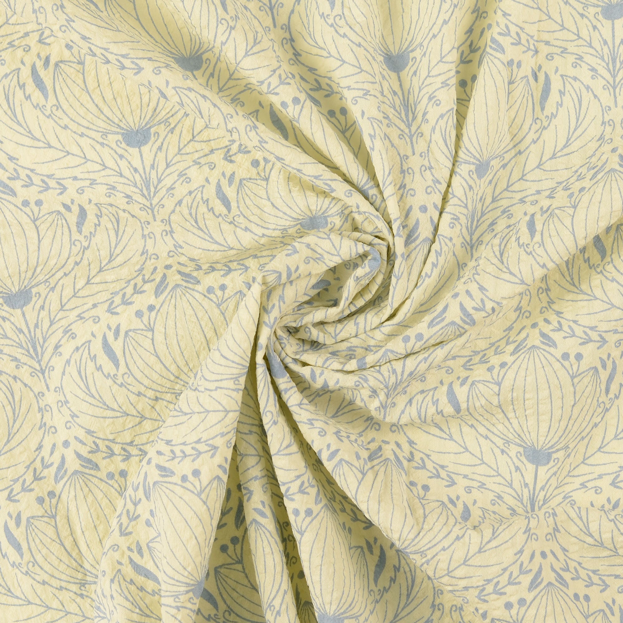 Beklednings Bomull - Vintage Seersucker - blomster - Beige og lys blå