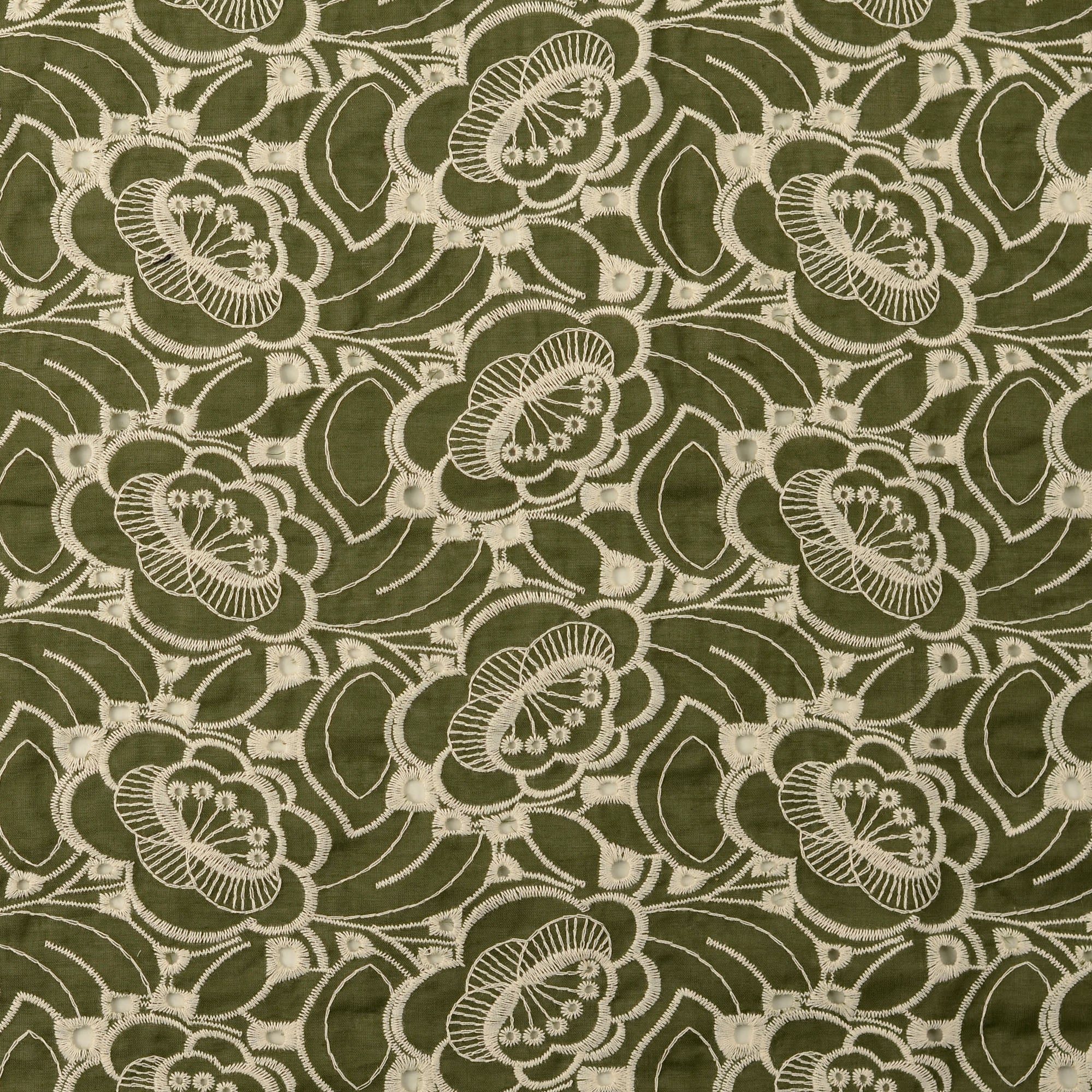 Poplin Bomull - Jenny med broderi Khaki