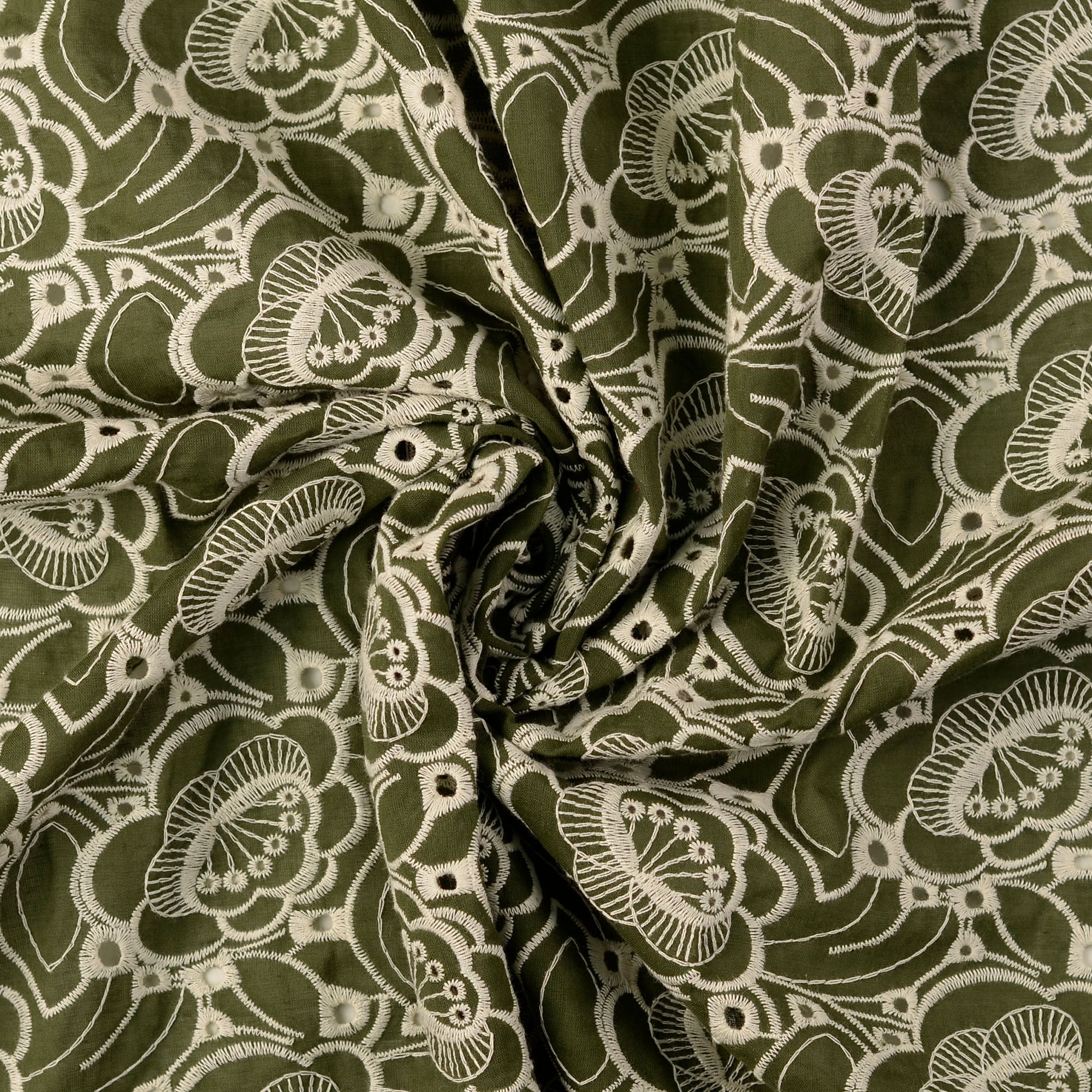 Poplin Bomull - Jenny med broderi Khaki