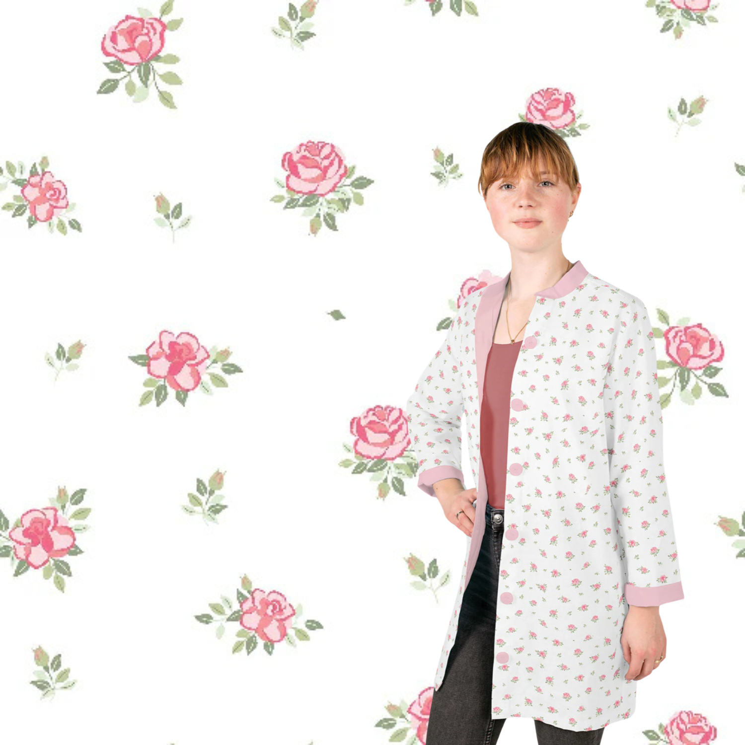 Poplin Bomull - Roses Blomster, Offwhite og Rosa
