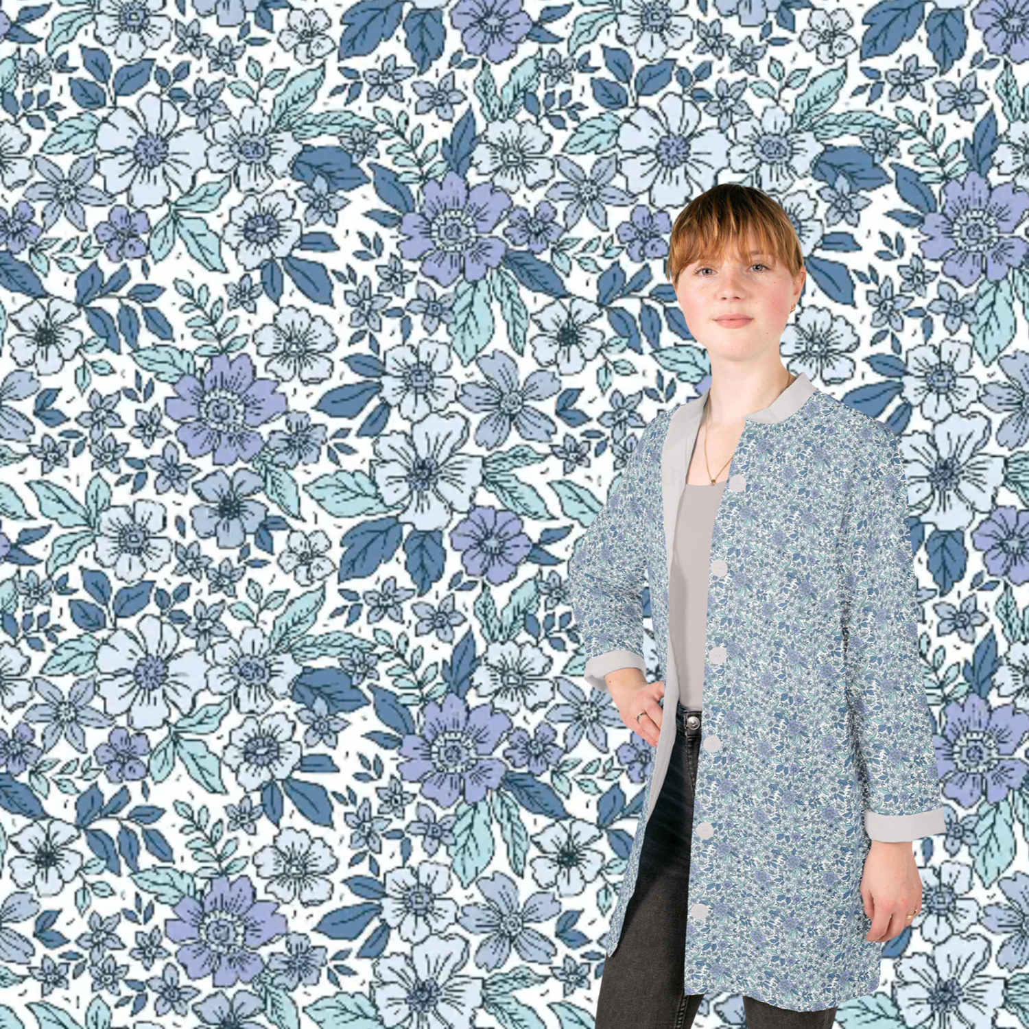 Poplin Bomull - Roses Line Blomster, Offwhite og Blå