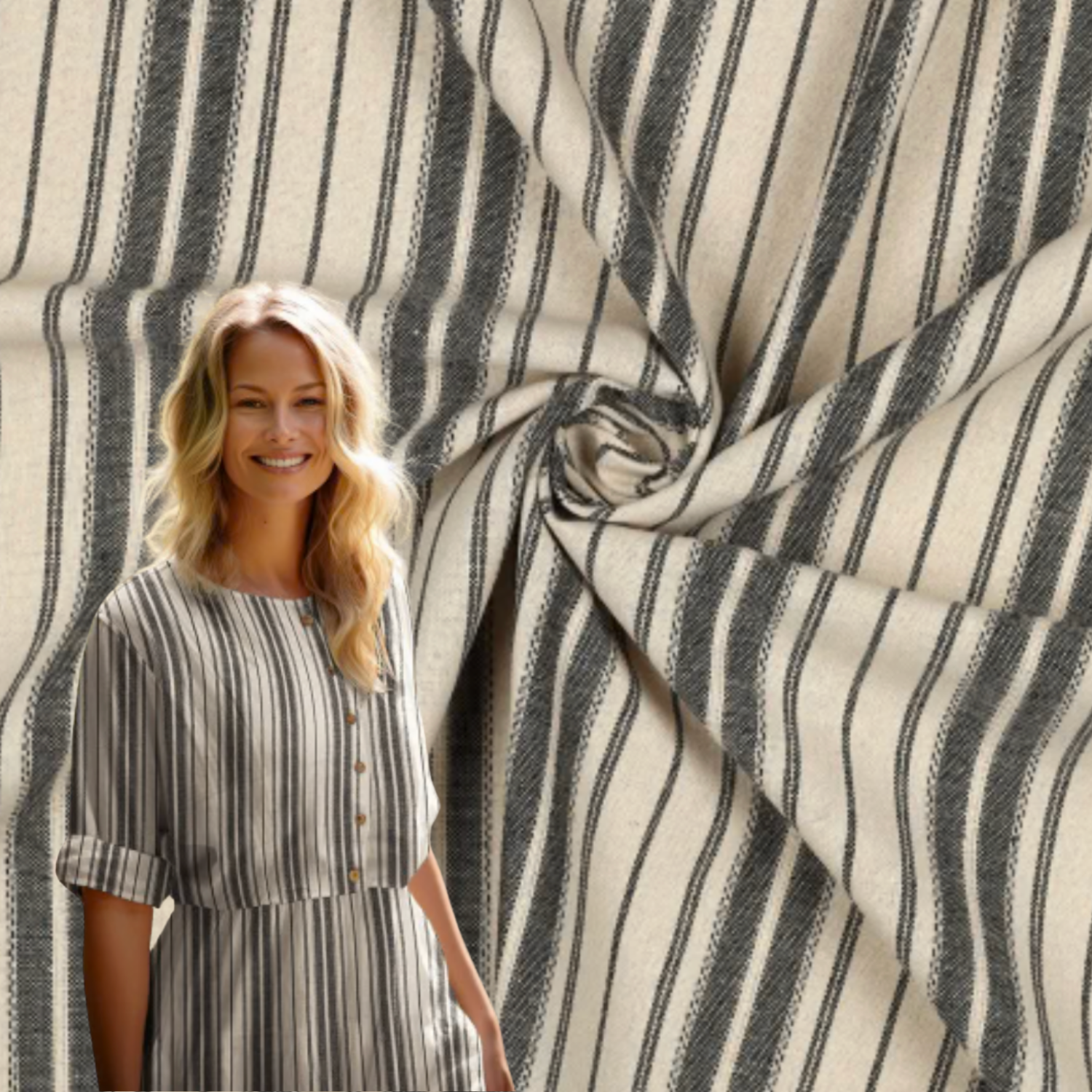 Linen viskose - Striper, Natur og Svart