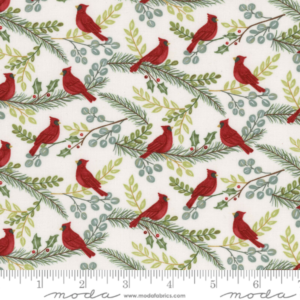 Bomull - Winter Friends Spruce rød fugler offwhite