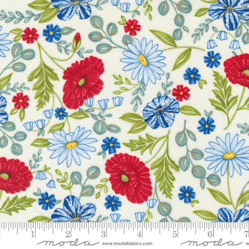 Bomull - Red White and Bloom, Blomster Hvit
