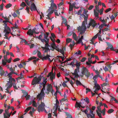Bomull Voile - Digital Blomster, fushia