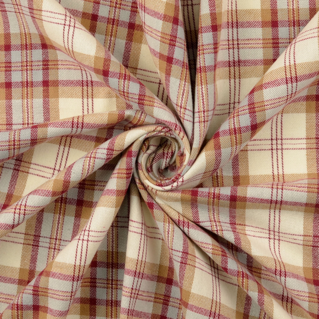 Bomullsflanell - Rutete Mørk Rød og krem