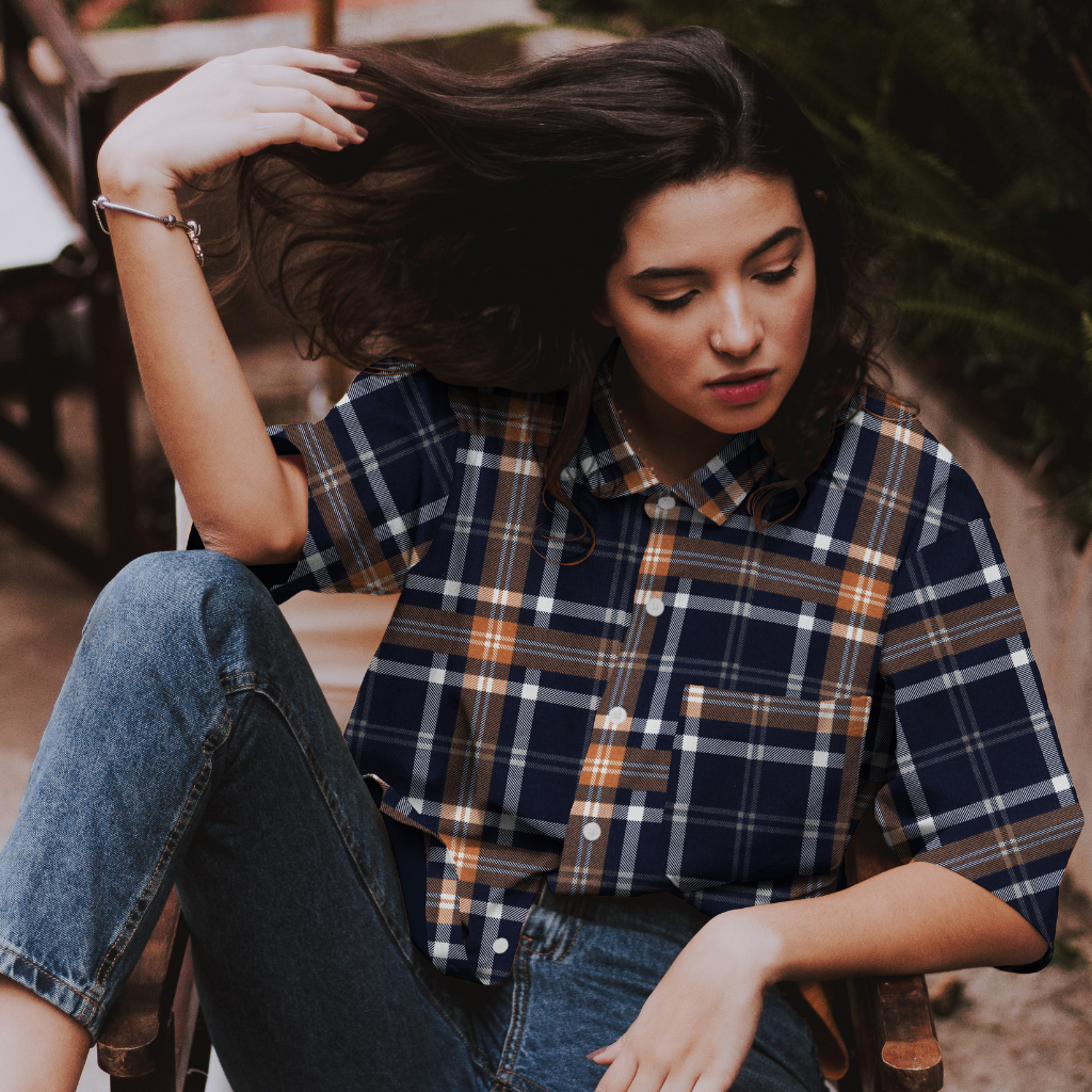 Bomullsflanell - Rutete Navy Blå Rust