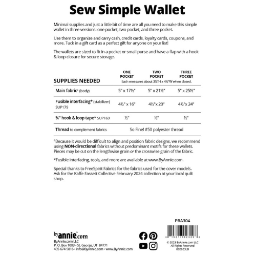 By Annie Sew Simple Wallet fabric requirements