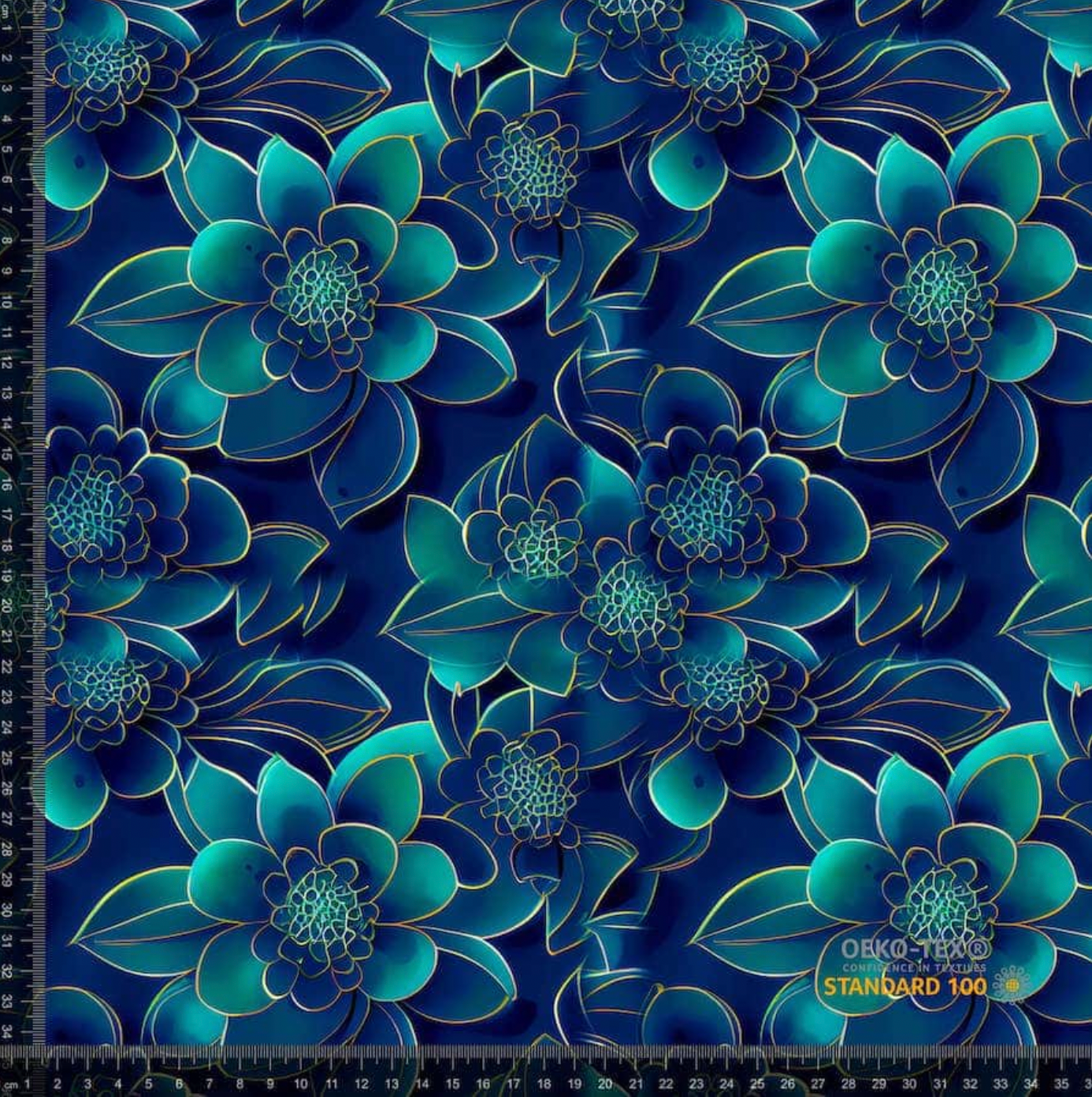 bomullsjersey - Blomster blå og gull