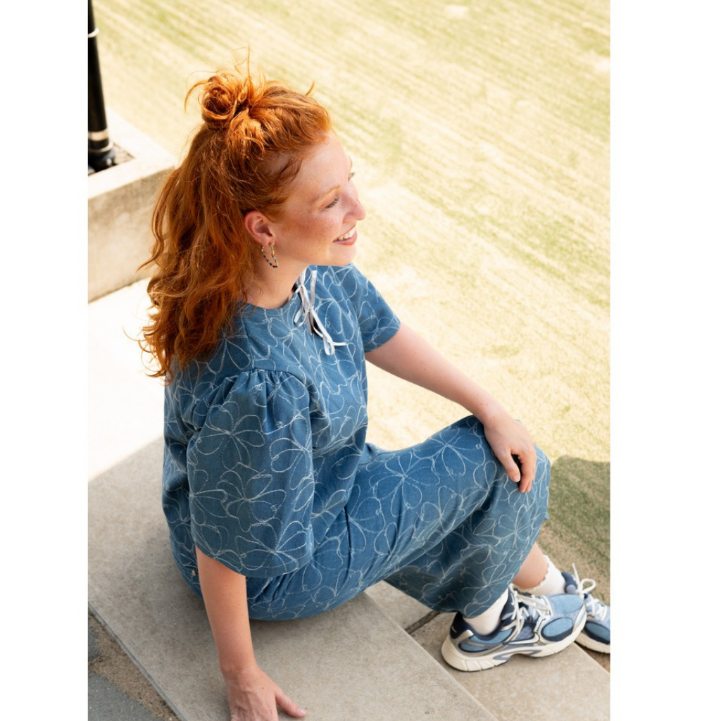 Denim Jacquard - Blomster, Blå