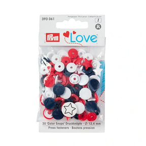 Prym Love – Trykknapper Snaps: Rød, Hvit og Blå med Stjerner 12,4mm