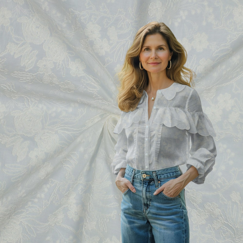 Engelsk Blonde Bomull - Blomster Brodert