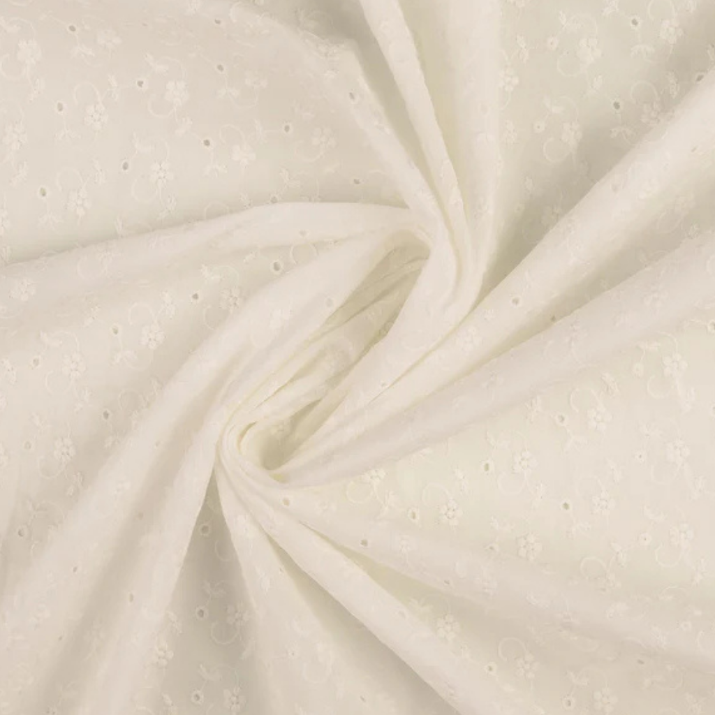 Engelsk Blonde Bomull - Blomster brodert, Hvit