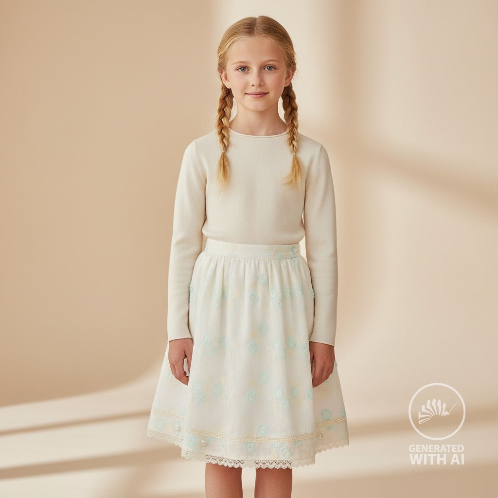 Engelsk Blonde Bomull - Blomster brodert mint
