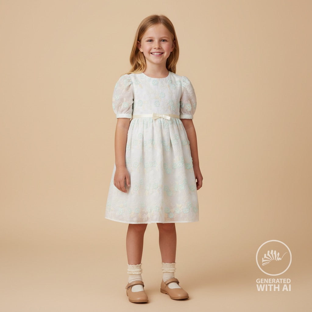 Engelsk Blonde Bomull - Blomster brodert mint