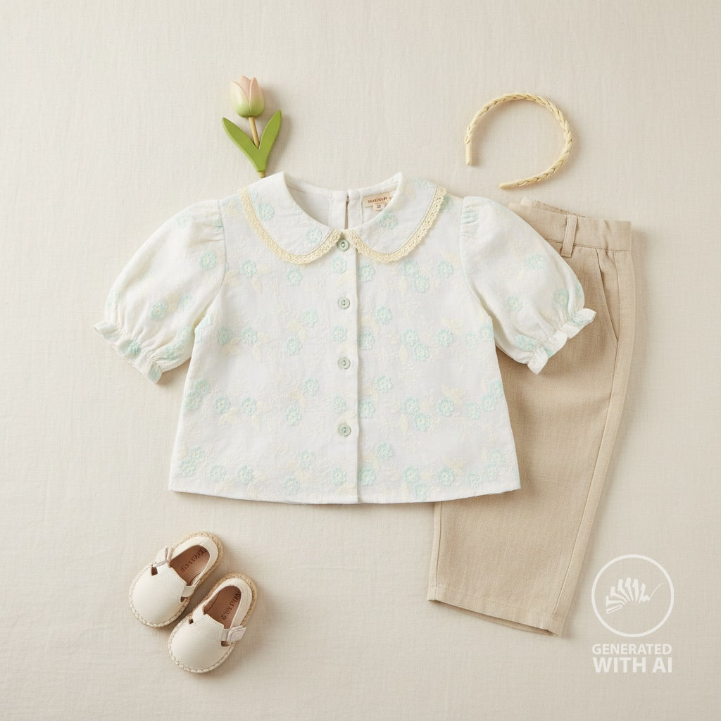 Engelsk Blonde Bomull - Blomster brodert mint