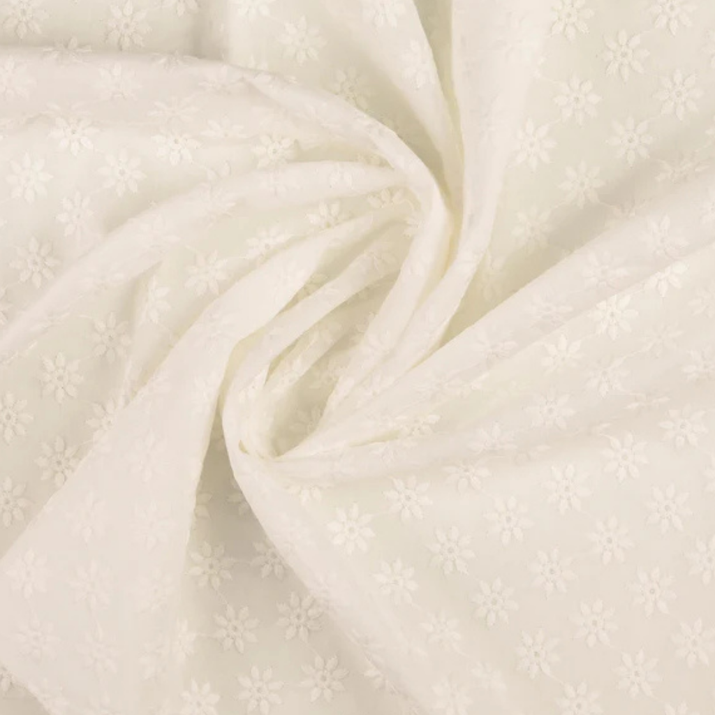 Engelsk Blonde Bomull - Brodert Blomster, Hvit