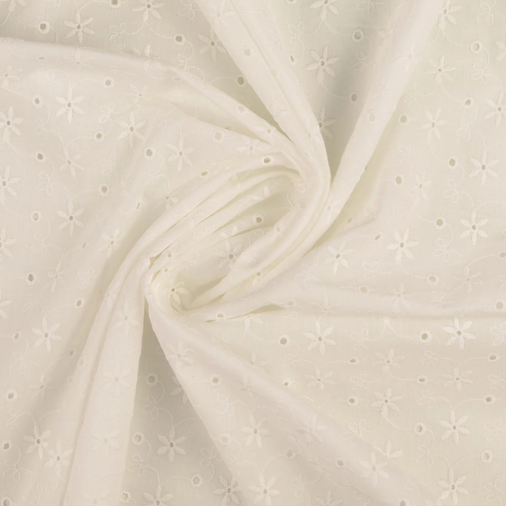 Engelsk Blonde Bomull - Brodert Blomster hull, Hvit 