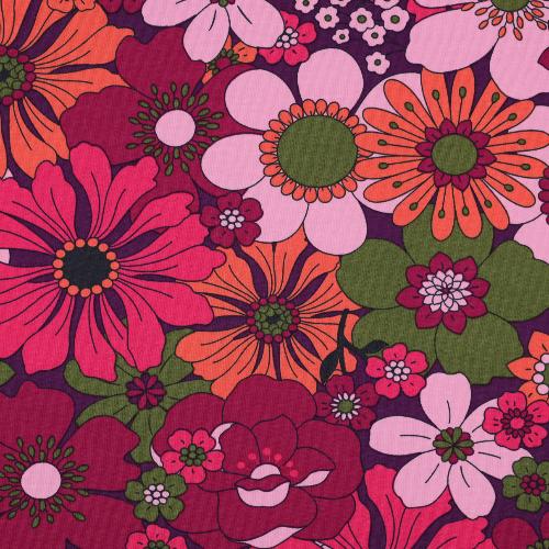 French Terry - Mørk rød med Blomster