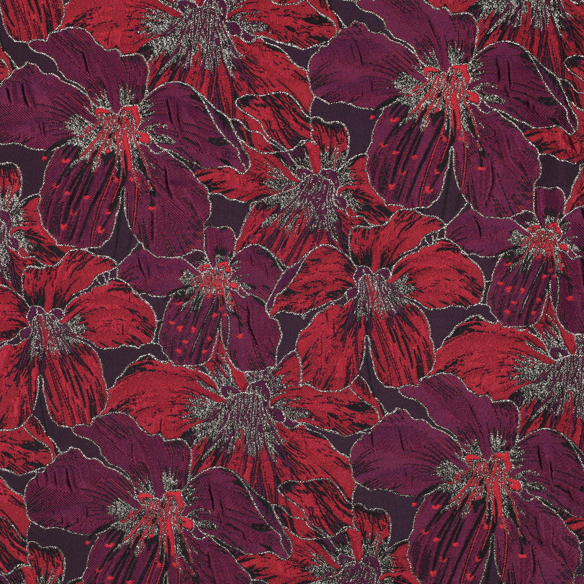 Jacquard / Brokade - Blomster, plomme rød