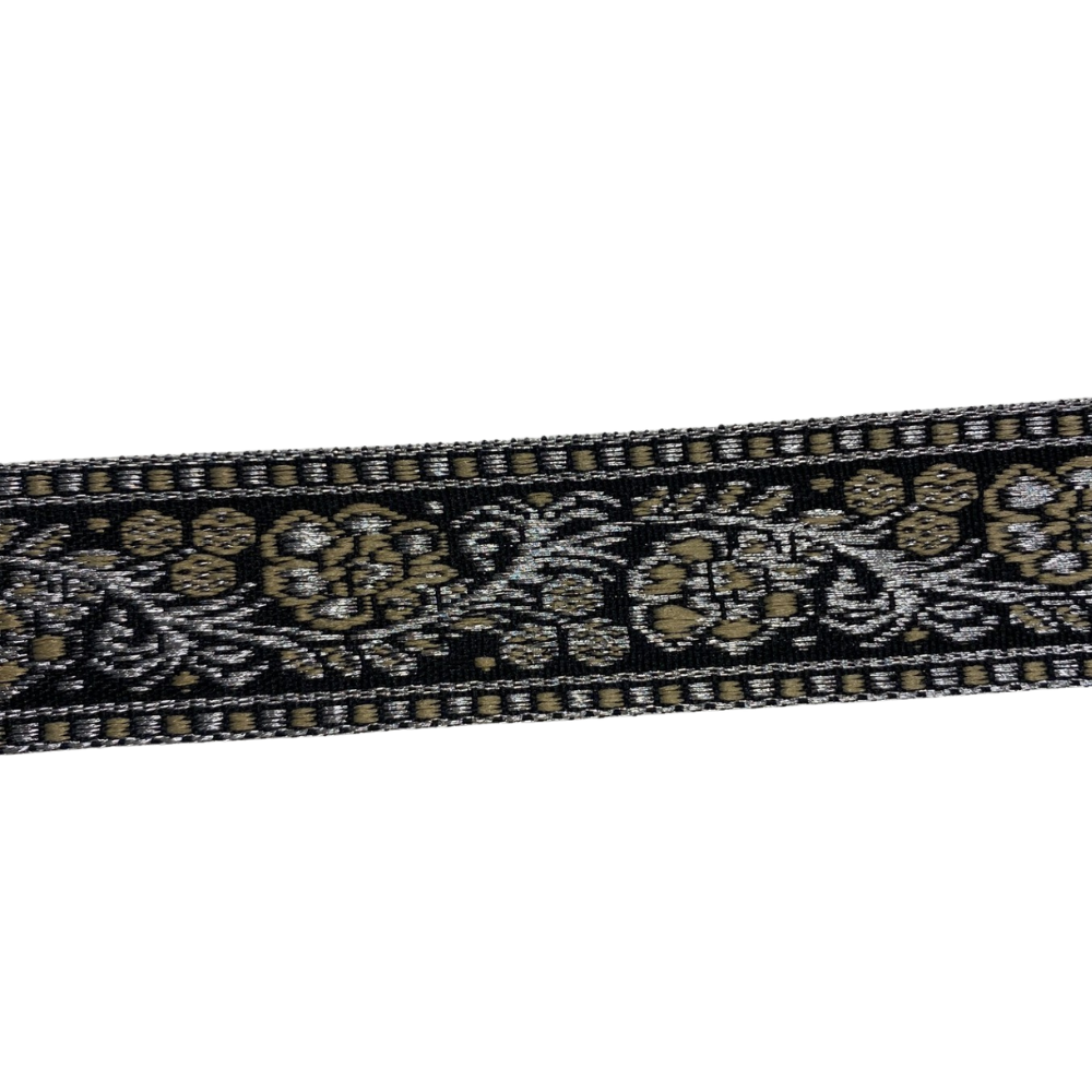 Jacquardbånd, svart med Beige blomster 2.5cm