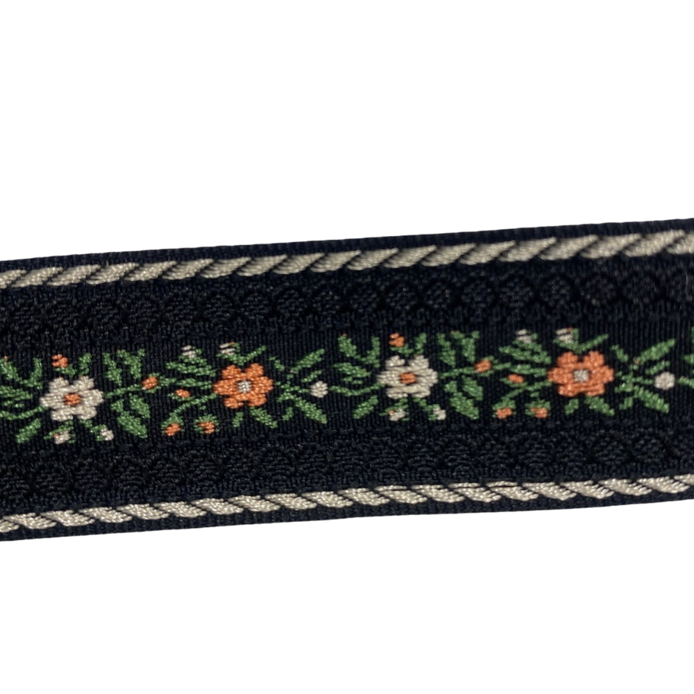 Jacquardbånd, svart med blomster 2.5cm