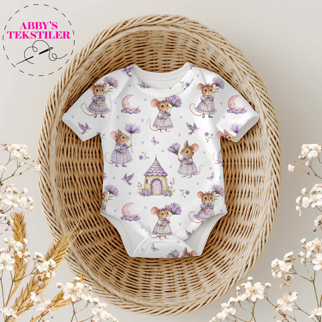 Jersey - Lilla Mus og blomster hvit