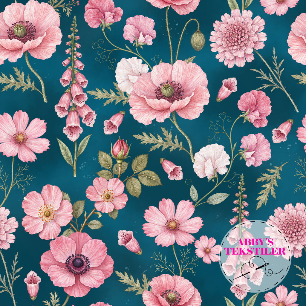 Jersey - Valmuer blomster petrol