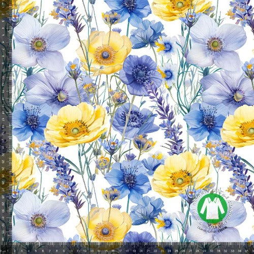 Jersey stoff - Blomster gul og blå