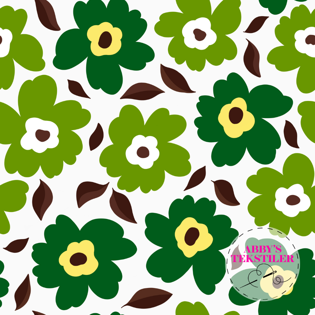 Jersey - Pop Blomster, Grønn på hvit