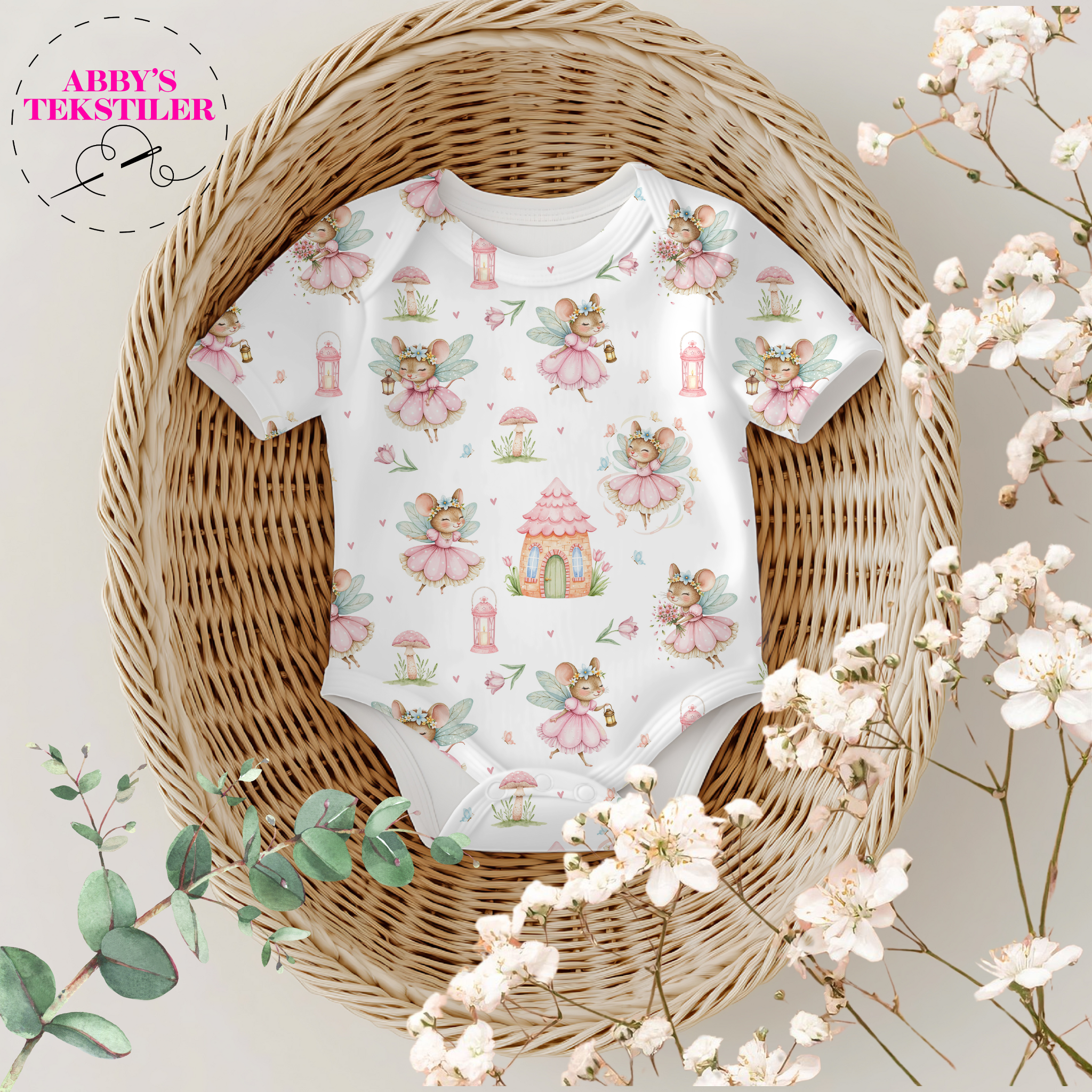 Jersey stoff  - Rosa Mus hvit